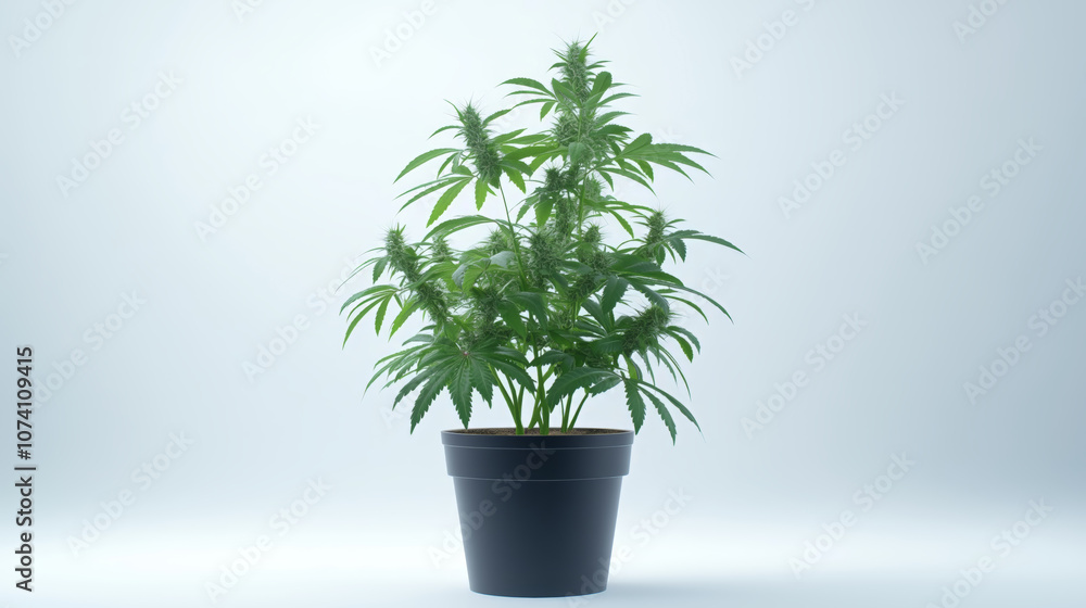 Obraz premium Healthy cannabis plant in a black pot with budding flowers.