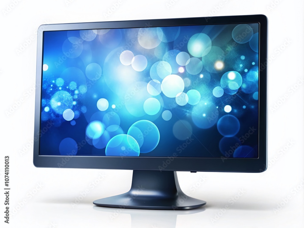 Isolated Computer Monitor on White Background with Blue Tones Displaying Abstract Visuals, Enhanced by Bokeh Effect for Modern Tech Aesthetics and Creative Presentations Isolated Computer Monitor on White Background with Blue Tones Displaying Abstract Visuals, Enhanced by Bokeh Effect for Modern Tech Aesthetics and Creative Presentations