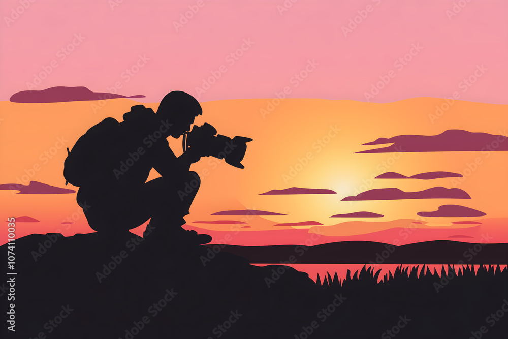 Silhouette of Photographer at Sunset:
A serene silhouette of a photographer crouching to capture the sunset over a calm landscape Silhouette of Photographer at Sunset:
A serene silhouette of a photographer crouching to capture the sunset over a calm landscape