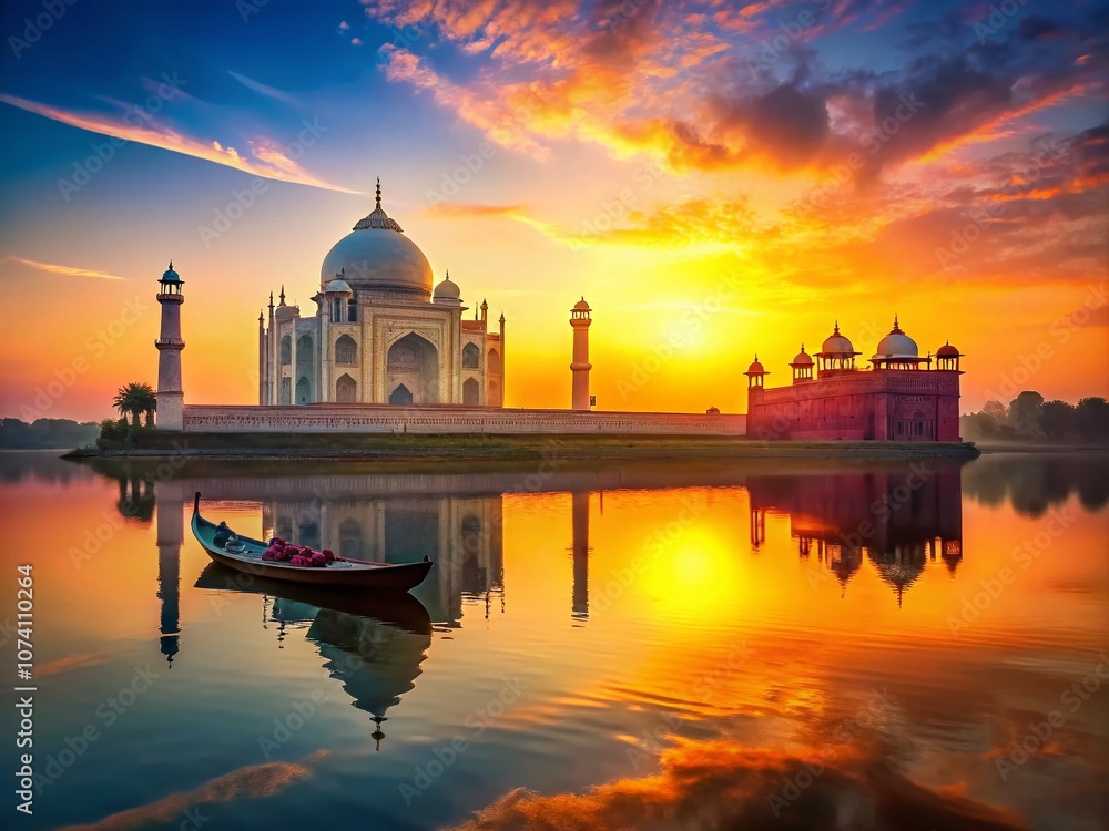 Fototapeta premium Journey Through Time: A Stunning Silhouette of an Ornate Boat Against the Majestic Taj Mahal at Sunset, Capturing the Essence of History and Culture in One Frame