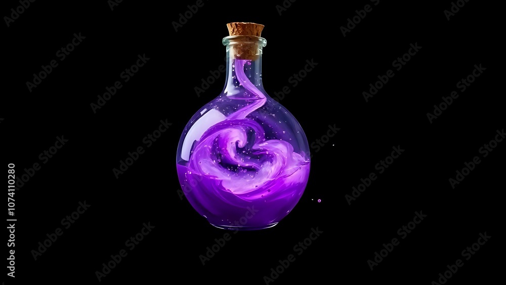 A mysterious floating potion bottle with a purple, swirling liquid and glowing particles, set against a plain black background A mysterious floating potion bottle with a purple, swirling liquid and glowing particles, set against a plain black background
