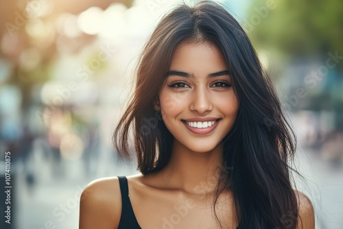 A daytime city close up of a young striking Indian girl in a casual black dress smiling brightly