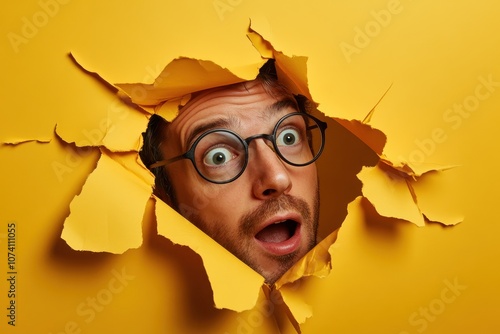 Amazed bearded man looks through a gap in yellow paper wearing round glasses mouth agape in shock with space for text Torn paper effect Promotion and sale