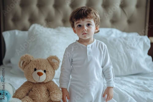 An adorable 3 year old boy in white pajamas is preparing for his nap beside his bed with a teddy bear and a fluffy rabbit facing sleep issues photo