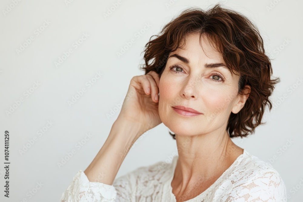 Beautiful mature woman gazing at the camera on a white background promoting skincare spa services focused on anti aging treatments Beautiful mature woman gazing at the camera on a white background promoting skincare spa services focused on anti aging treatments