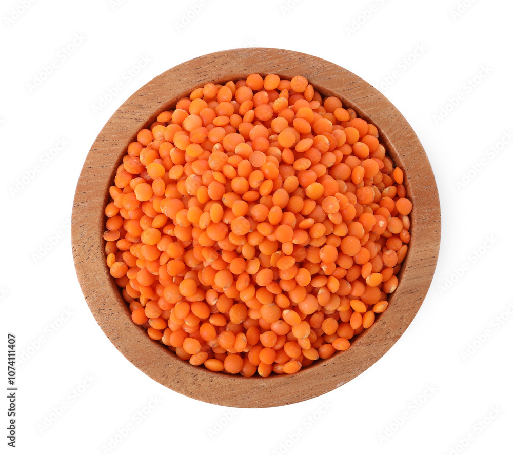 Raw lentils in bowl isolated on white, top view Raw lentils in bowl isolated on white, top view