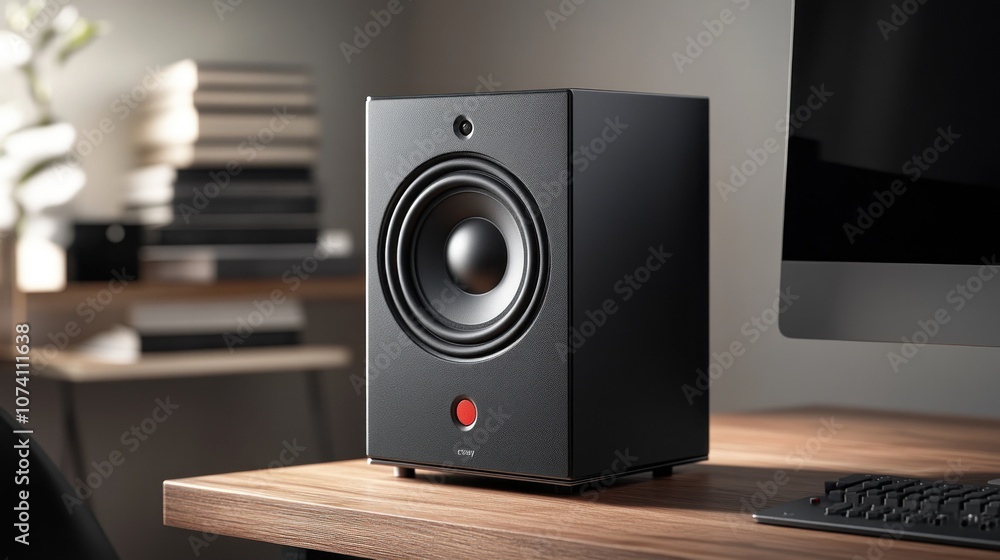 Black Speaker on a Wooden Desk with a Computer in the Background Black Speaker on a Wooden Desk with a Computer in the Background