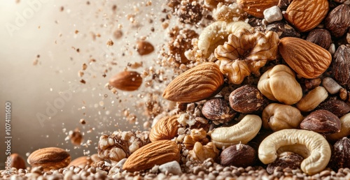 Dynamic Explosion of Mixed Nuts and Seeds on Textured Background