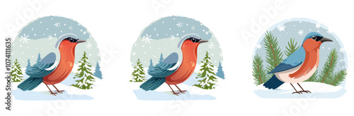 Pássaros em uma cena de inverno, com neve e árvores ao fundo