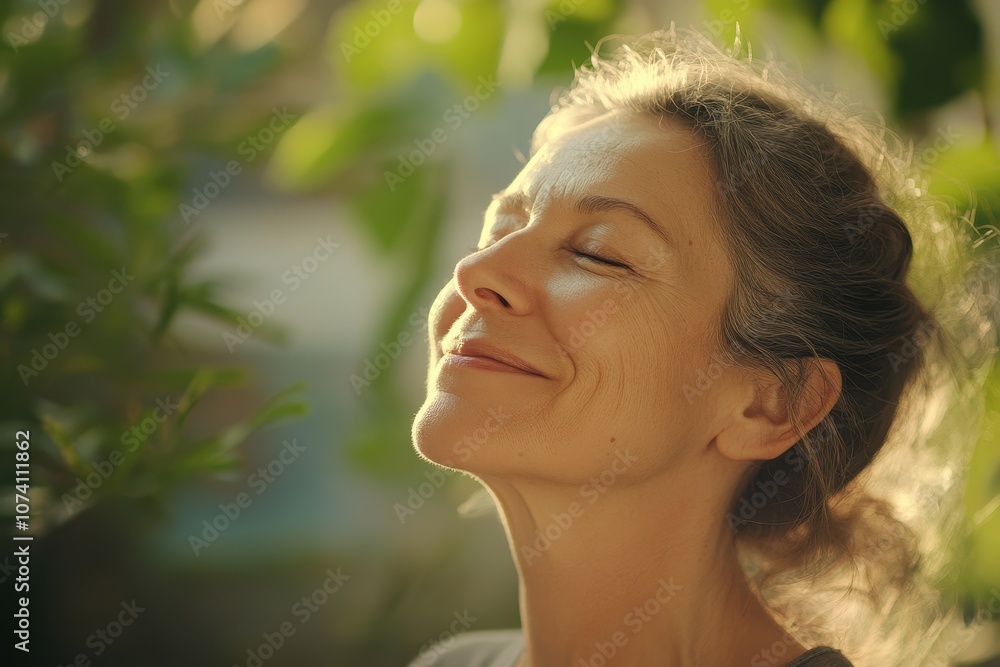 Content and serene woman savoring fresh air and relaxation at home eyes closed smiling meditating and relieving stress Content and serene woman savoring fresh air and relaxation at home eyes closed smiling meditating and relieving stress