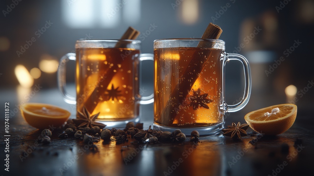 Warm Spiced Beverages with Cinnamon and Citrus on a Cozy Table Warm Spiced Beverages with Cinnamon and Citrus on a Cozy Table