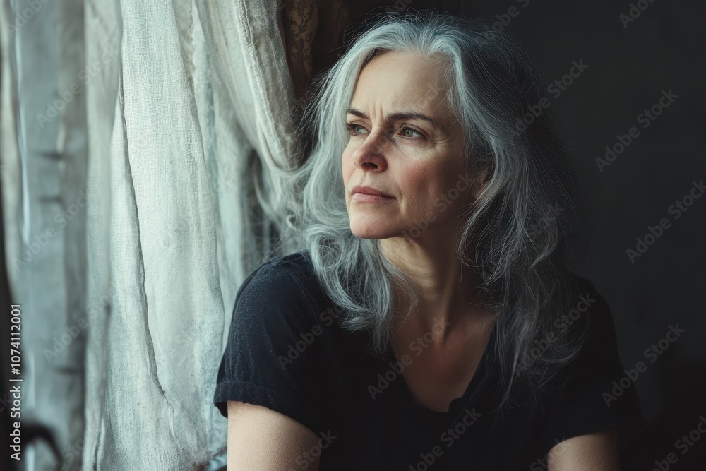 Distraught middle aged woman gazing out of a window reflecting on health issues isolation bad news and grief Distraught middle aged woman gazing out of a window reflecting on health issues isolation bad news and grief