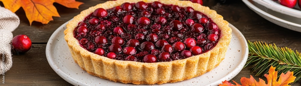 A delicious cranberry tart with a golden crust, topped with vibrant red berries, garnished with autumn leaves on a rustic wooden table. A delicious cranberry tart with a golden crust, topped with vibrant red berries, garnished with autumn leaves on a rustic wooden table.