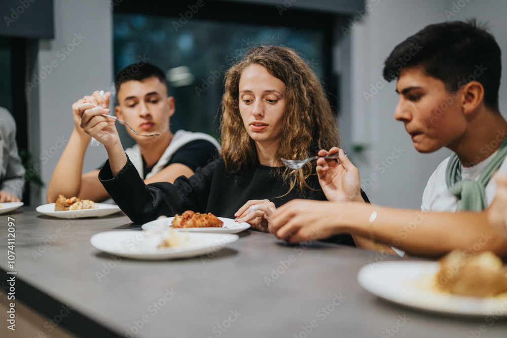 A group of high school students sitting around a table enjoying a meal together. The image captures a sense of camaraderie and togetherness among young friends during a shared dining experience. A group of high school students sitting around a table enjoying a meal together. The image captures a sense of camaraderie and togetherness among young friends during a shared dining experience.