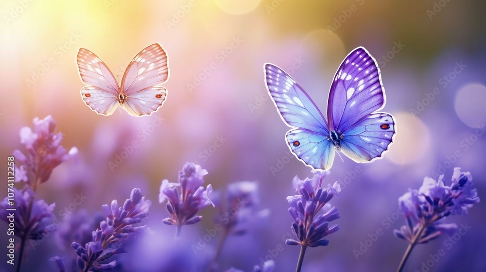 Naklejka premium A serene scene featuring two butterflies hovering over lavender flowers in soft, dreamy lighting.