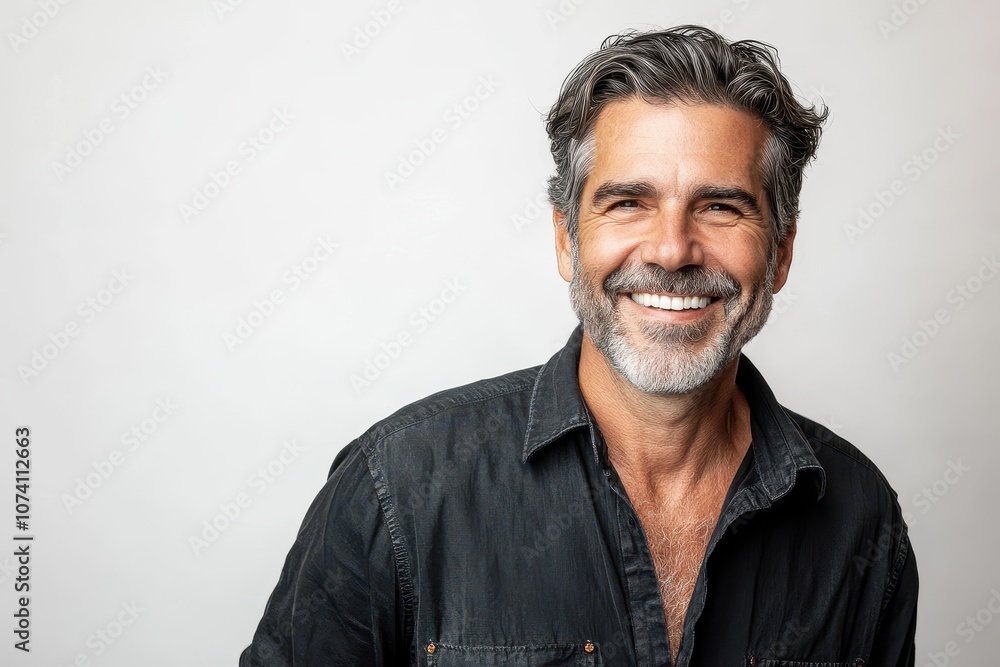 Image of a smiling older man isolated on white background viewed from the left Image of a smiling older man isolated on white background viewed from the left
