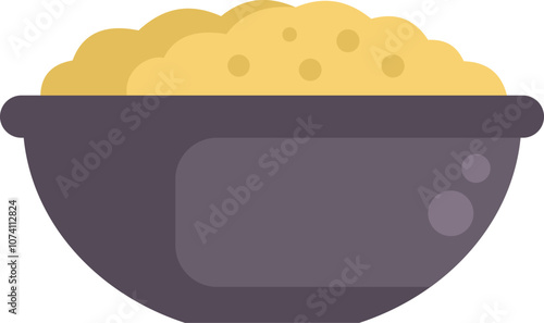 This vector illustration features a grey bowl overflowing with delicious couscous, perfect for food bloggers and recipe websites