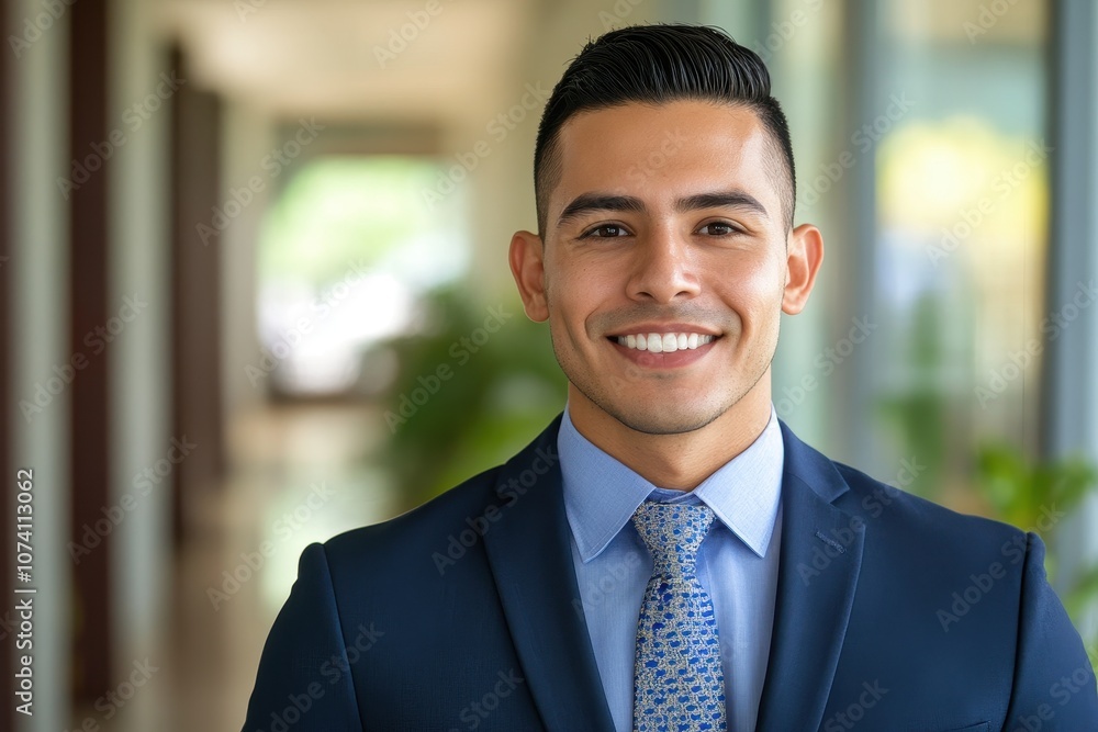 Joyful young Hispanic businessman in office close up portrait Successful male executive smiling at the camera Joyful young Hispanic businessman in office close up portrait Successful male executive smiling at the camera
