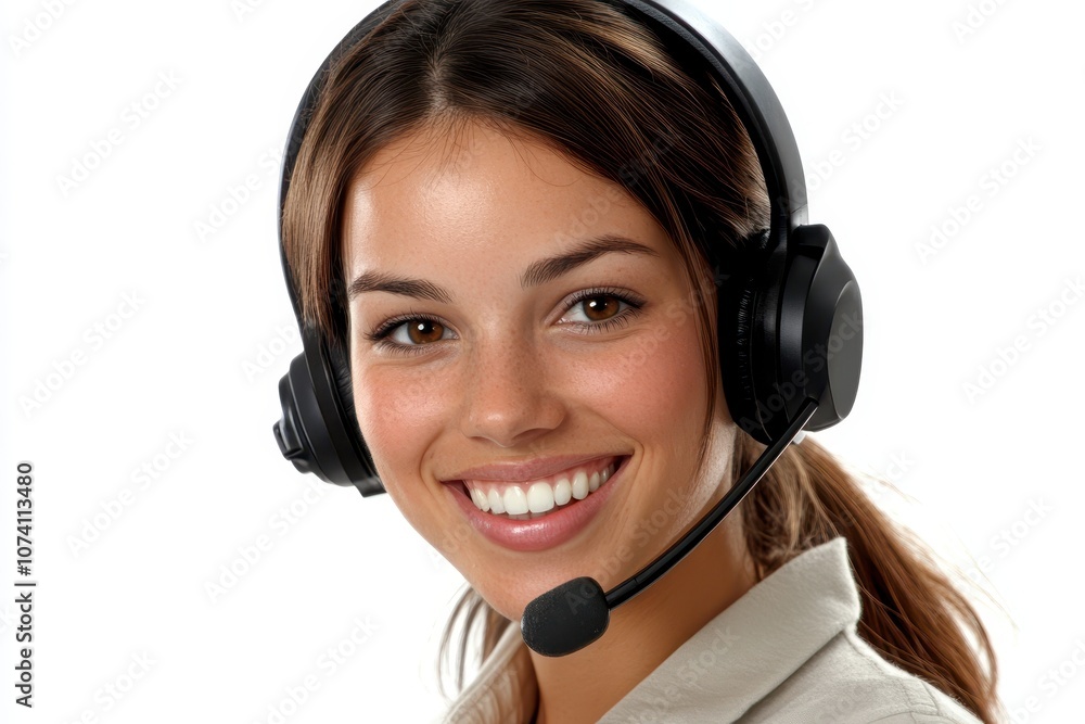 Smiling woman customer service representative wearing a headset Smiling woman customer service representative wearing a headset