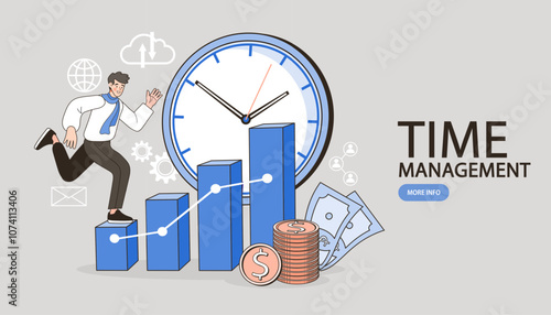 This motivational vector art shows a man's career progressing as he masters time management, with a rising growth chart and money symbolizing the rewards of efficiency and productivity.
