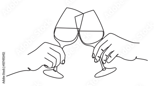 Minimalist line drawing showing two hands holding wine glasses in a toast