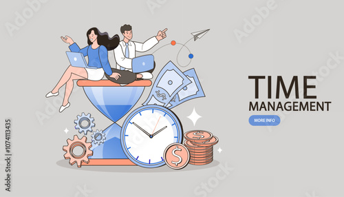 couple sitting on floor with huge hourglass. good time management. businessman hurrying up to complete tasks. Deadline, project time limit, task due dates. appointment concept. vector illustration.