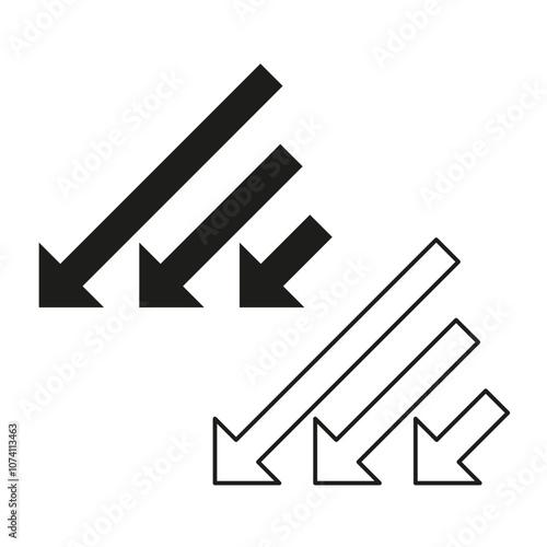 Downward arrows icon. Decreasing trend symbol. Vector arrow group. Economic downturn.