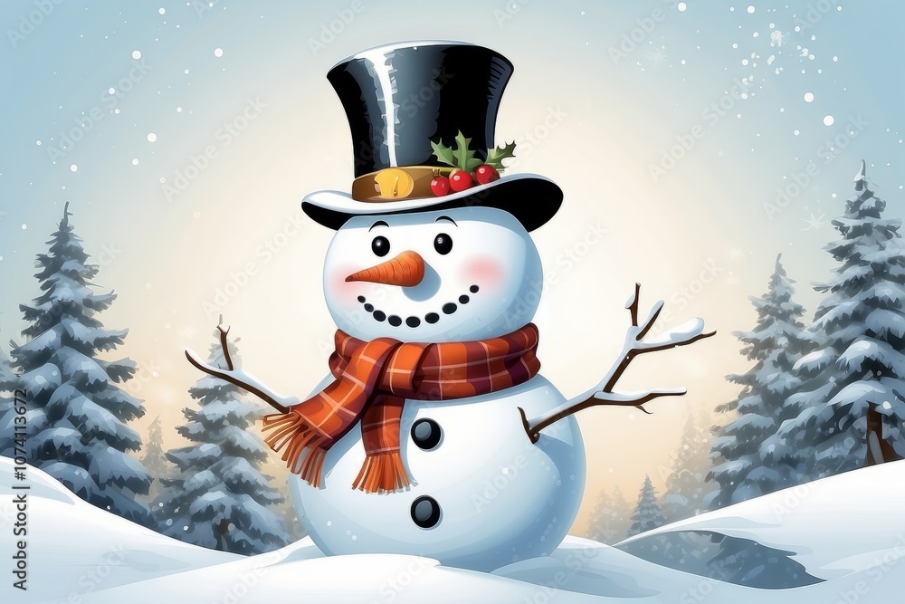 Snowman with top hat, scarf, and carrot nose in winter scene Snowman with top hat, scarf, and carrot nose in winter scene