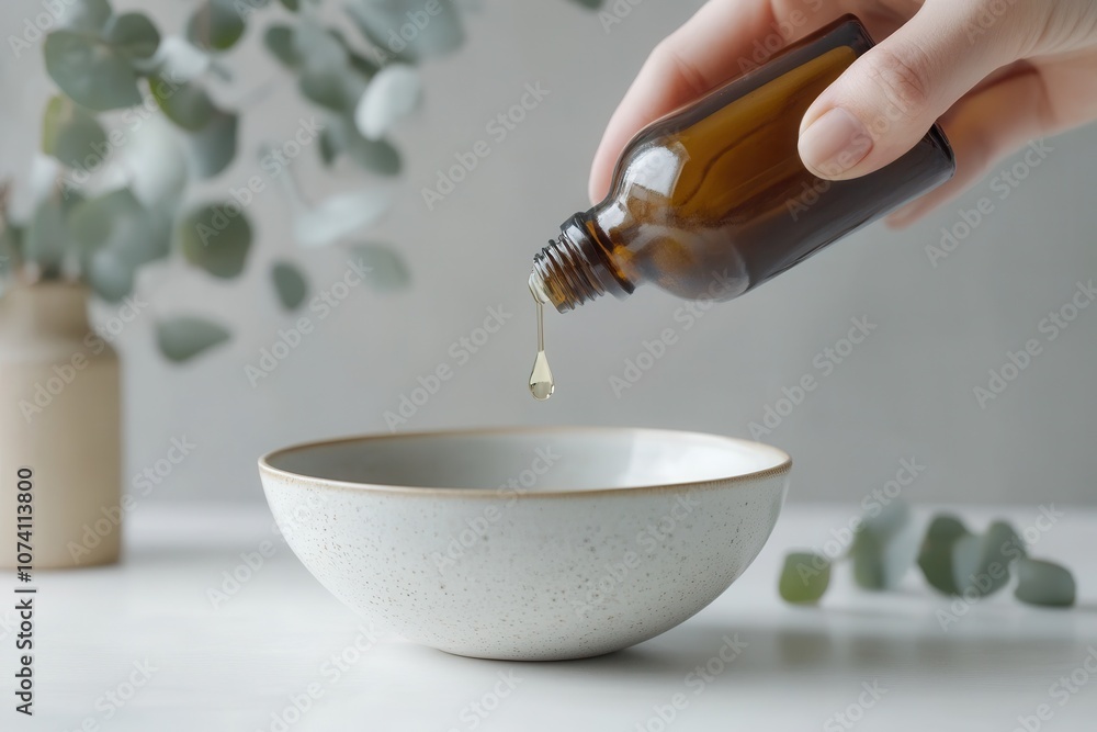 Woman pouring eucalyptus oil into a bowl on a white table close up Woman pouring eucalyptus oil into a bowl on a white table close up