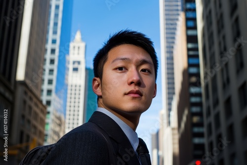 Young Asian businessman on the street with skyscrapers in the background