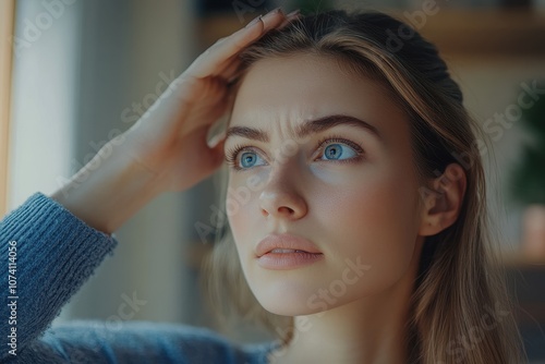 Young Caucasian woman applying eye drops at home for dry eyes experiencing blurred vision