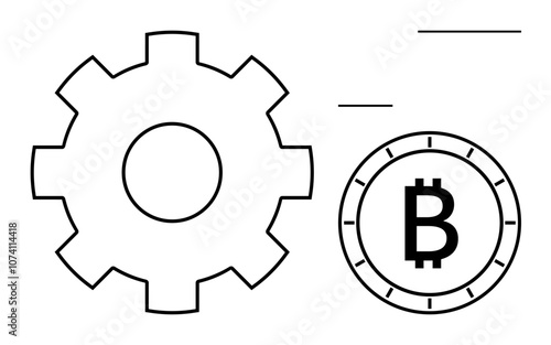 Large gear next to Bitcoin symbol coin. Ideal for technology, cryptocurrency, blockchain, digital finance, fintech industry, innovation, automation. Line metaphor