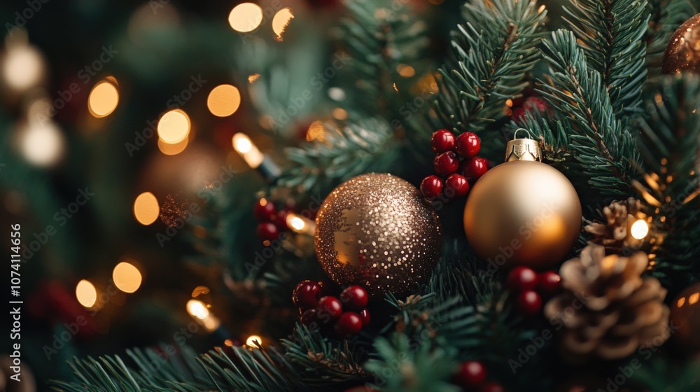 Elegant Christmas Decor with Glimmering Ornaments and Lush Greenery Elegant Christmas Decor with Glimmering Ornaments and Lush Greenery
