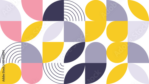 Abstract Geometric Pattern Artwork. Retro colors yellow, pink, blue dark and white background.