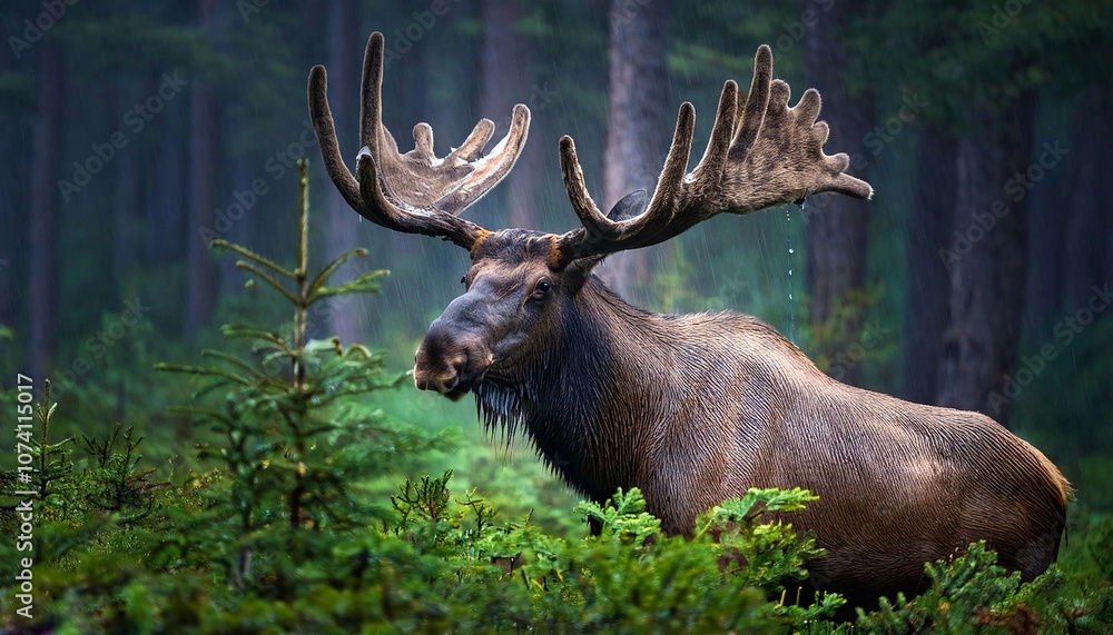 Elk or Moose, Alces alces in the dark forest during rainy day. Beautiful animal in the nature habitat. Wildlife scene Elk or Moose, Alces alces in the dark forest during rainy day. Beautiful animal in the nature habitat. Wildlife scene