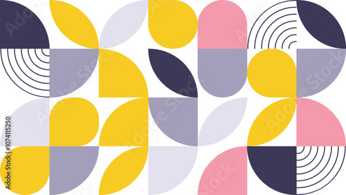 Abstract Geometric Pattern Artwork. Retro colors yellow, pink, blue dark and white background.