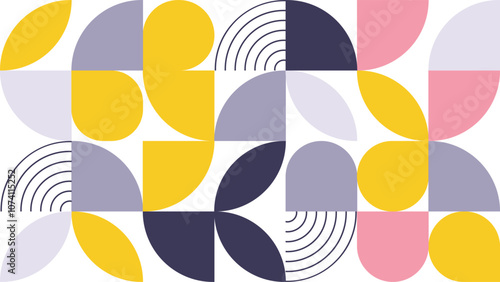 Abstract Geometric Pattern Artwork. Retro colors yellow, pink, blue dark and white background.