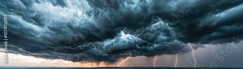 A dramatic sky filled with dark storm clouds and bolts of lightning illuminating the scene, capturing the intensity of nature's power.