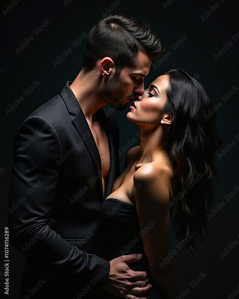 Romantic couple embracing in an intimate moment against a dark background, showcasing deep connection and passion Romantic couple embracing in an intimate moment against a dark background, showcasing deep connection and passion
