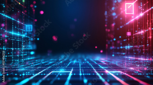 Vibrant abstract digital waveform background with dynamic glowing particles, Vibrant streams of colorful data flow through servers, creating a futuristic ambiance that showcases.