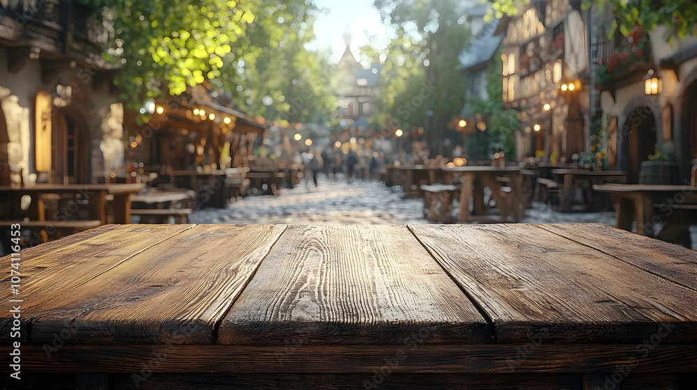 Wooden Tabletop with Blurred Background of a Medieval Village Illustration Wooden Tabletop with Blurred Background of a Medieval Village Illustration