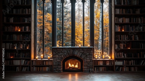 Cozy reading nook with large windows and a warm fireplace, surrounded by books. photo