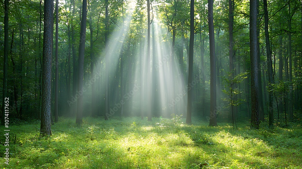 Obraz premium Nature's serenity discover the tranquil beauty of sunlight filtering through lush forest trees