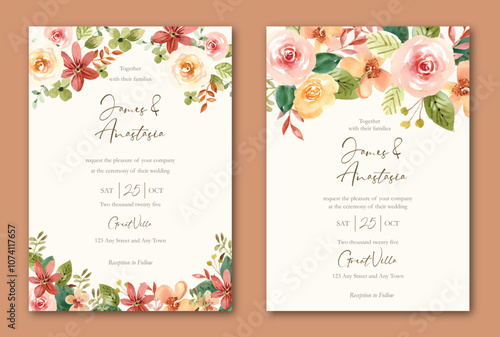 Watercolor yellow and terracotta wedding invitation