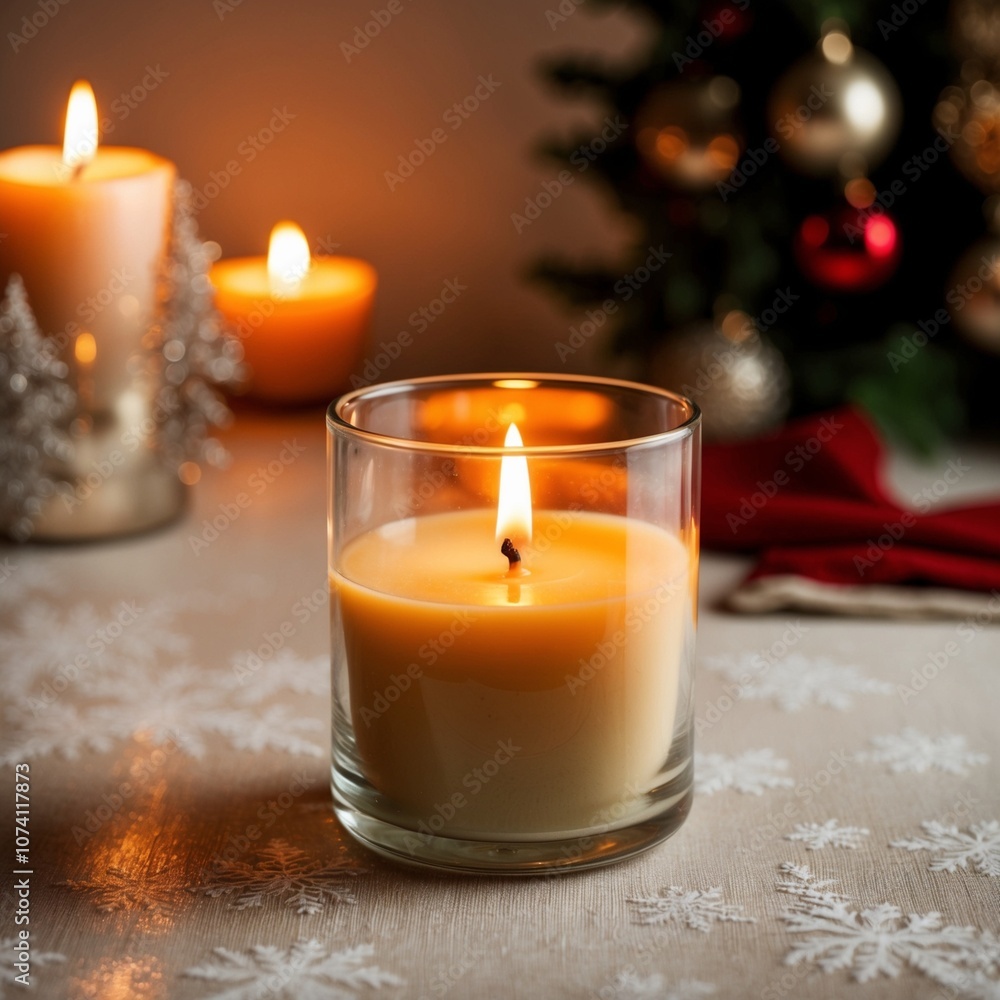 burning candle in a glass, Christmas background - generative ai burning candle in a glass, Christmas background - generative ai