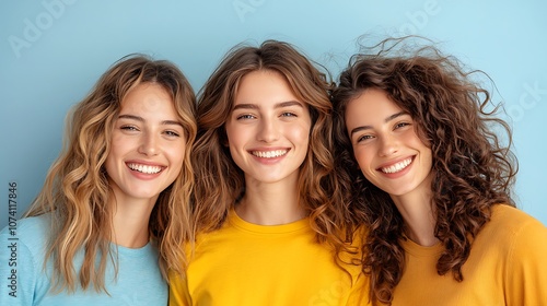 Three friends smile together in bright colors against a blue background celebrating friendship and joy