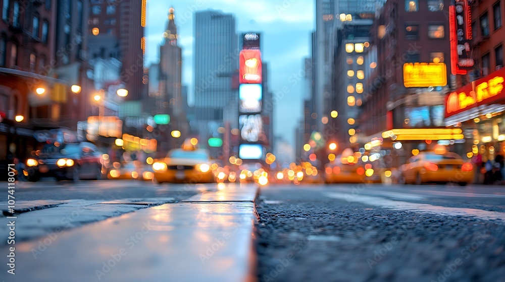 Explore the vibrant city life as cars rush through a busy urban landscape at dusk Explore the vibrant city life as cars rush through a busy urban landscape at dusk