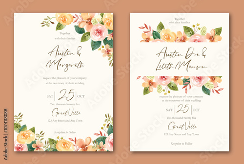 Watercolor yellow and terracotta wedding invitation