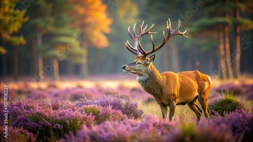 Majestic Red Deer Stag Displaying Dominance Amidst Heather in Hoge Veluwe National Park During Rutting Season with Bokeh Effect
