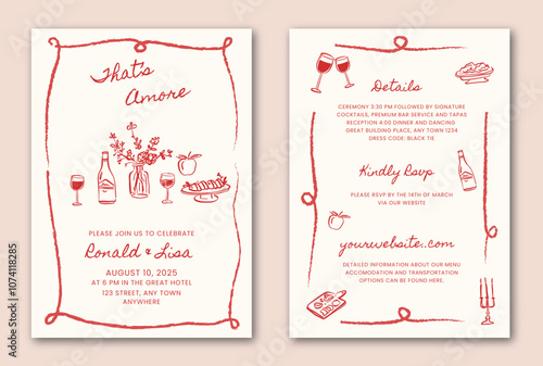 Hand drawn whimsical wedding invitation